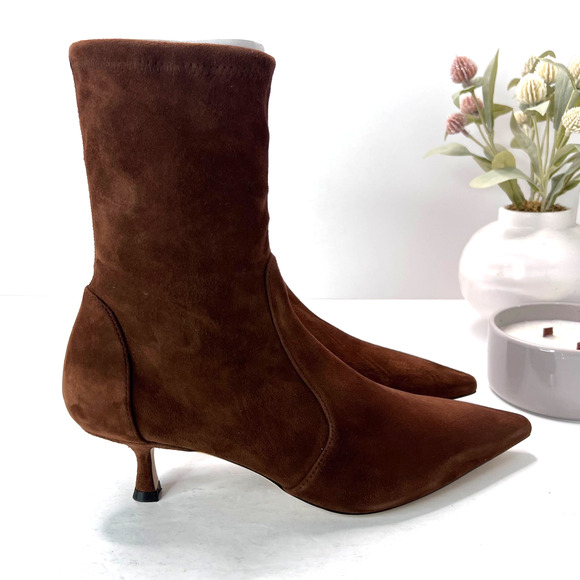 Stuart Weitzman Naomi 50 Suede Boot Pointed Toe Kitten Heel Deep Coffee Women 11 - Picture 3 of 11
